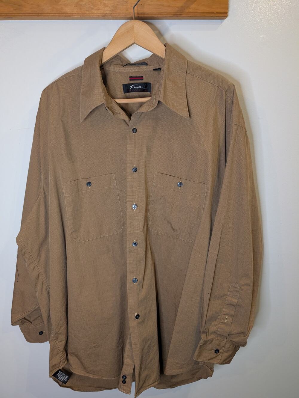 FUBU Mens Button Down Shirt Tan Khaki Textured Long Sleeve 18.5 34/35